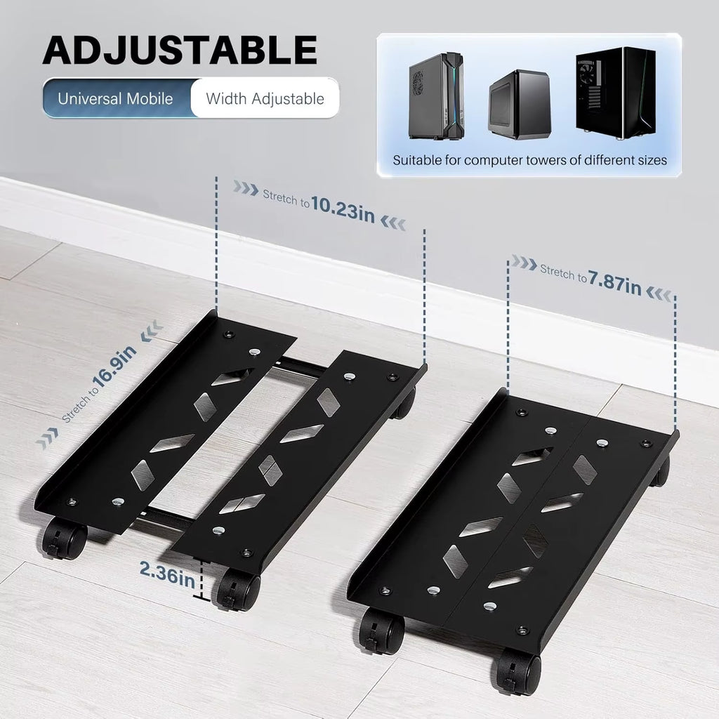 Adjustable Metal Computer Tower Stand, PC Floor Stand with 4 Caster Wheels Fits Most PC, under Desk CPU Holder PC Floor Cart