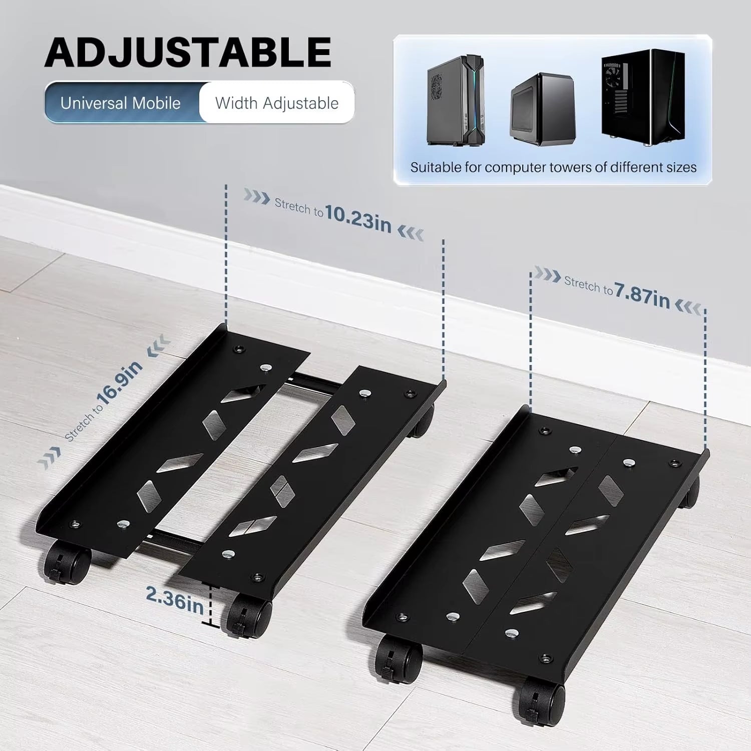 Adjustable Metal Computer Tower Stand, PC Floor Stand with 4 Caster Wheels Fits Most PC, under Desk CPU Holder PC Floor Cart