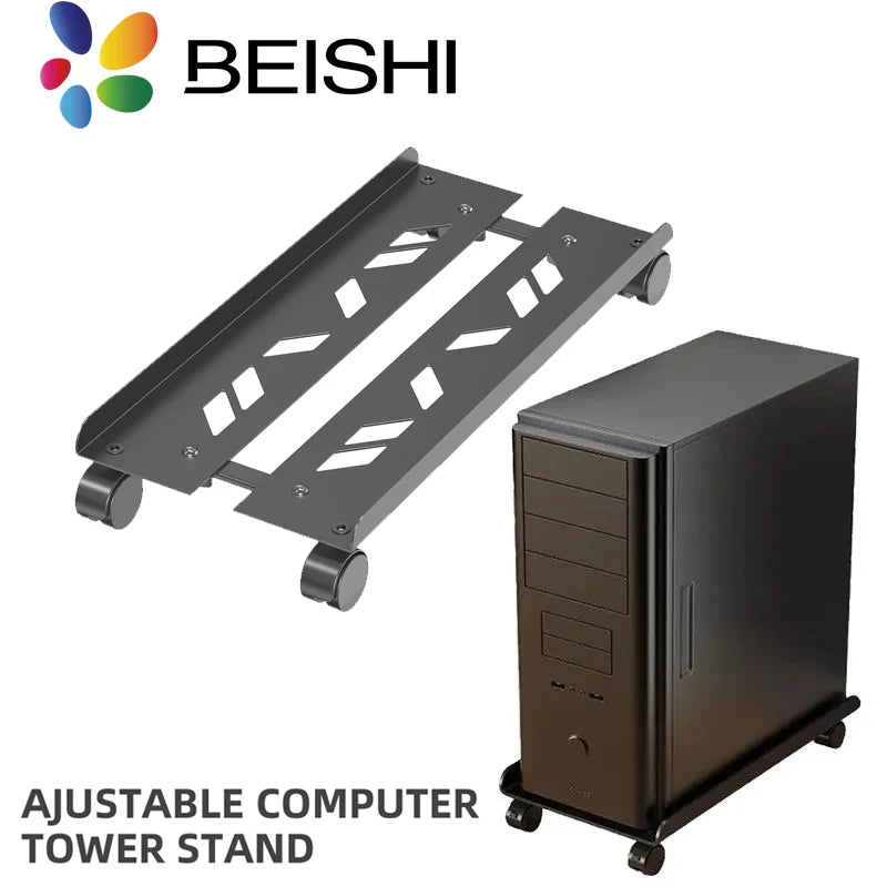 Adjustable Metal Computer Tower Stand, PC Floor Stand with 4 Caster Wheels Fits Most PC, under Desk CPU Holder PC Floor Cart