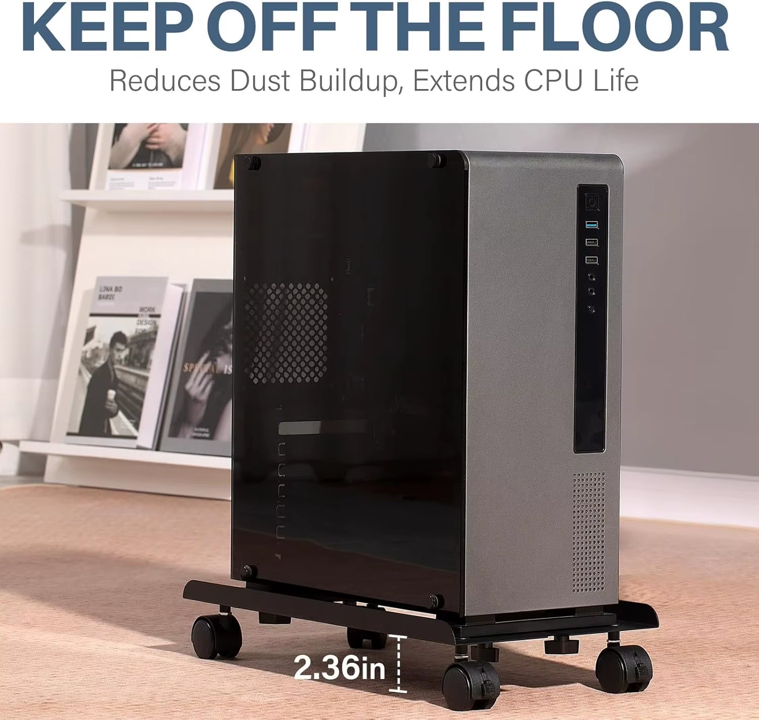 Adjustable Metal Computer Tower Stand, PC Floor Stand with 4 Caster Wheels Fits Most PC, under Desk CPU Holder PC Floor Cart