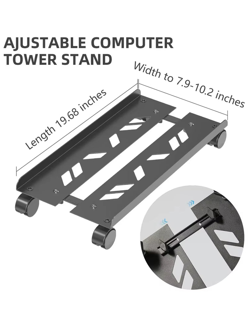 Adjustable Metal Computer Tower Stand, PC Floor Stand with 4 Caster Wheels Fits Most PC, under Desk CPU Holder PC Floor Cart