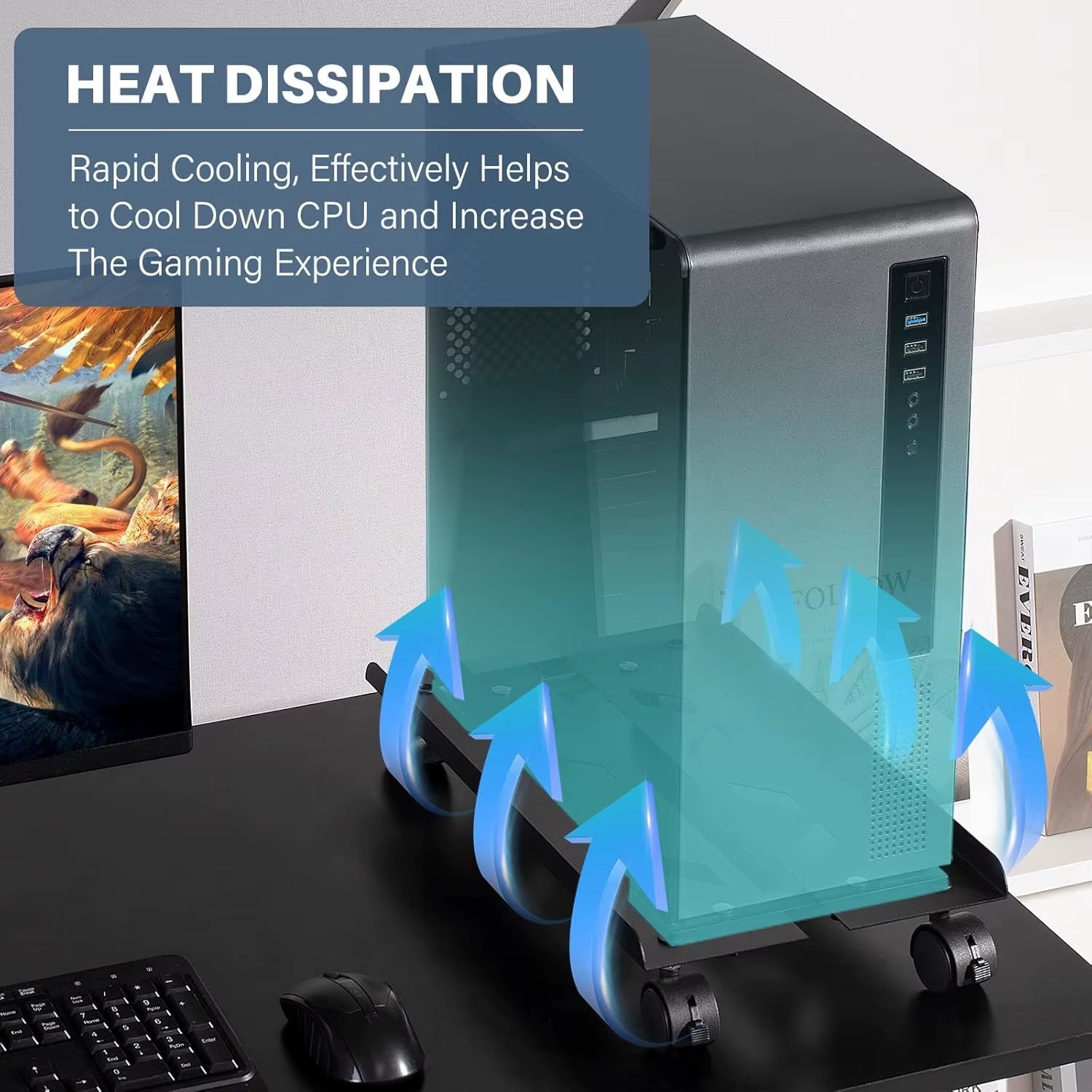 Adjustable Metal Computer Tower Stand, PC Floor Stand with 4 Caster Wheels Fits Most PC, under Desk CPU Holder PC Floor Cart